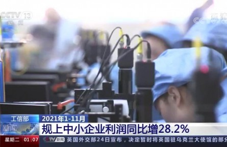 工信部：2021年1至11月 规上中小企业利润同比增28.2%